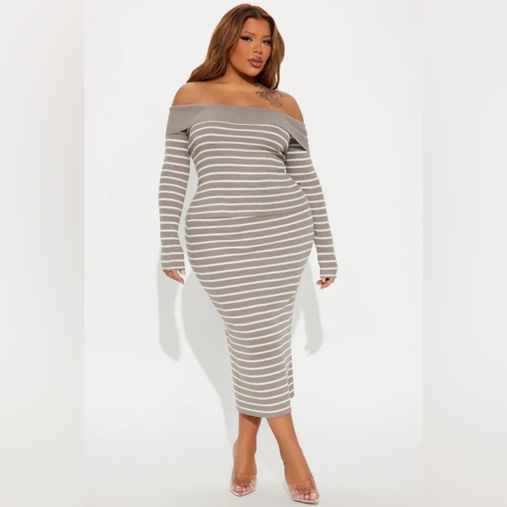 Charcoal Striped Off-Shoulder Skirt Set